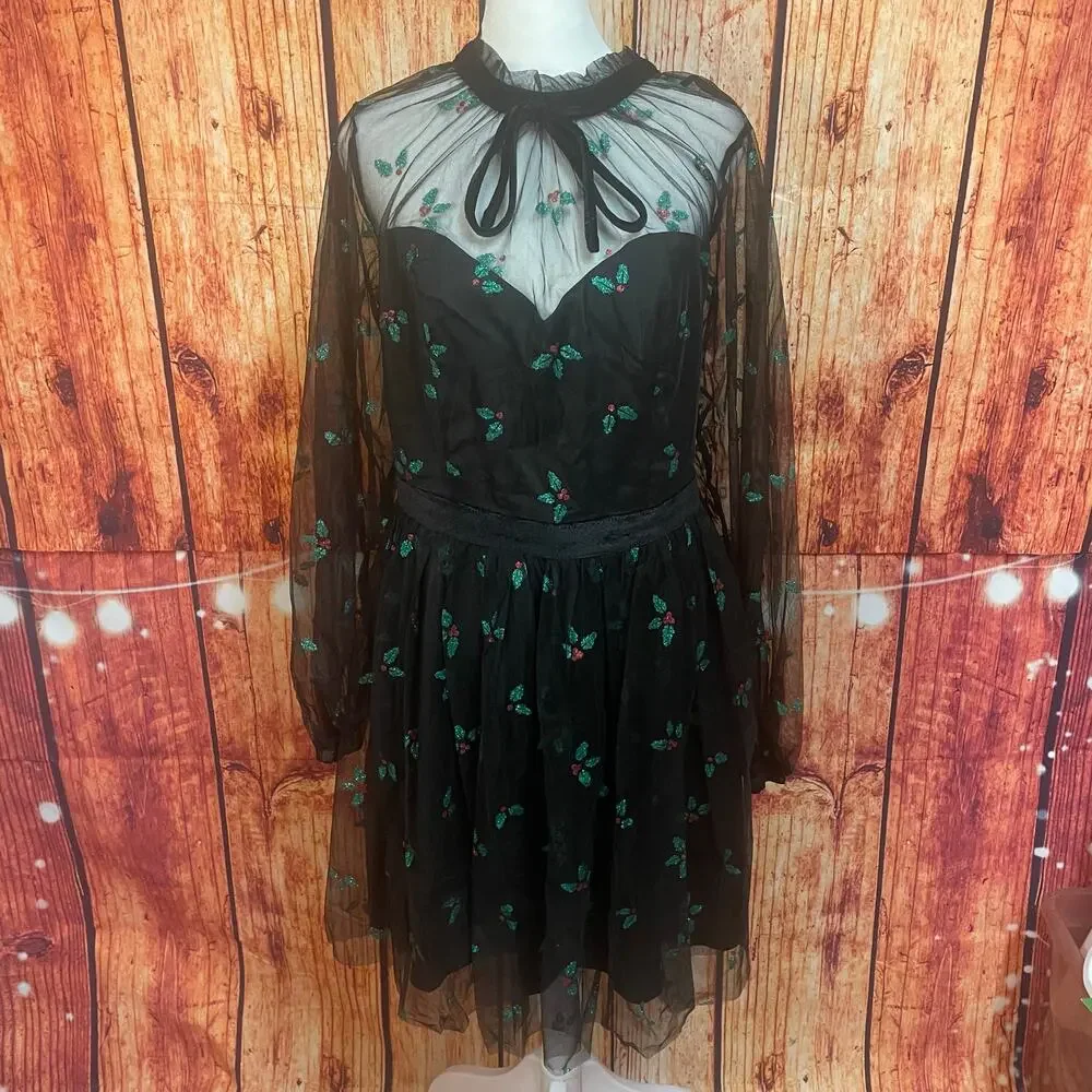NWT Unique Vintage Holiday Dress Size 1X/16 Party Mistletoe Long Sleeve Mesh